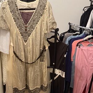 BIYA Elegant Cream and Gold Dress with Black Accents embroidered